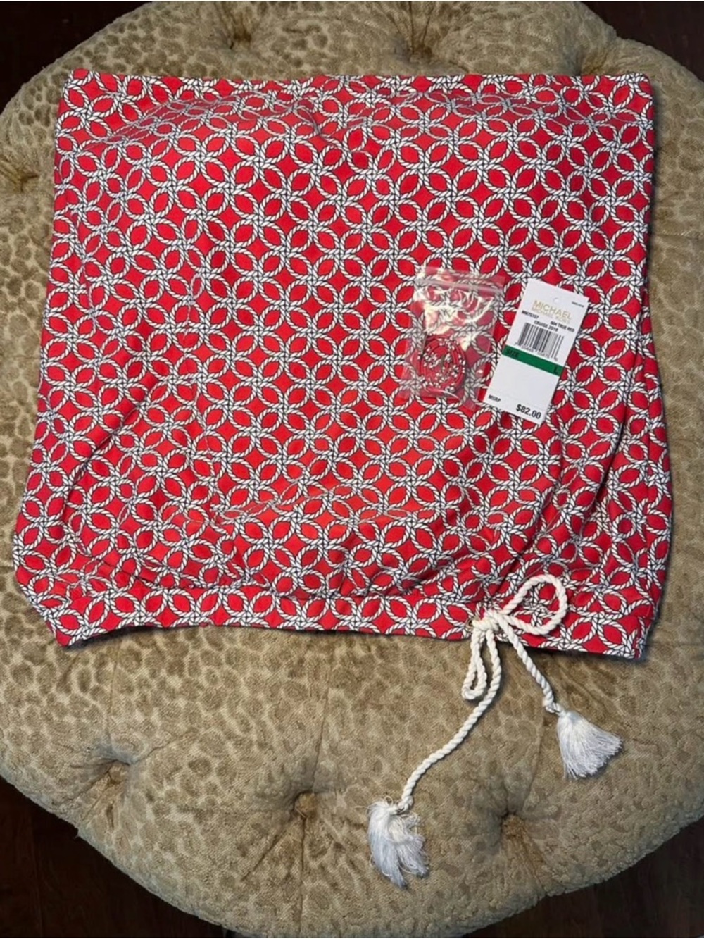 Michael Kors Red Patterned Drawstring Swim Top with Tassels, Large